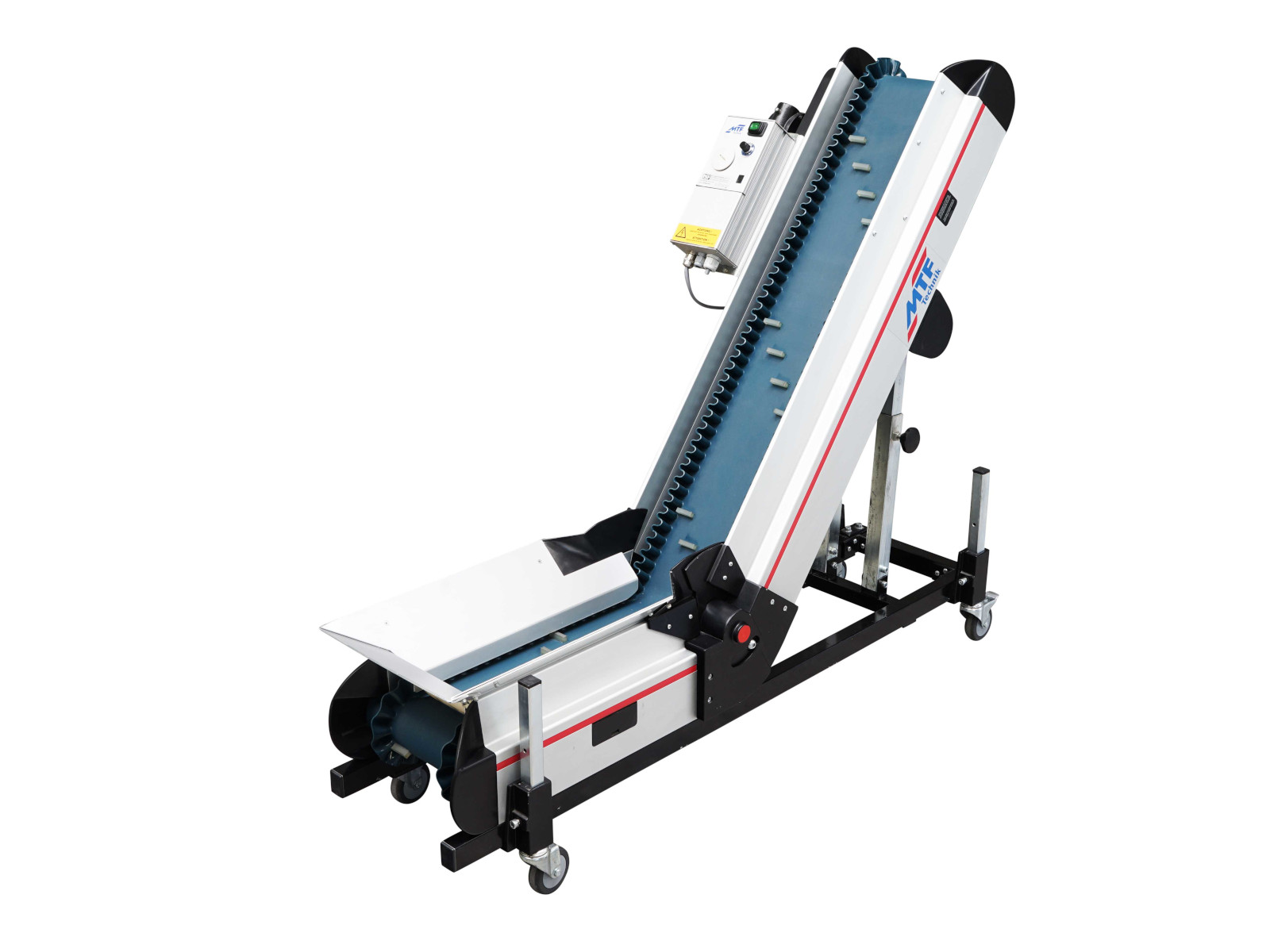 Winkelförderer NL-TF 110 mit petrolfarbenem Sonderstollengurt mit Wellkanten und fahrbarem Untergestell