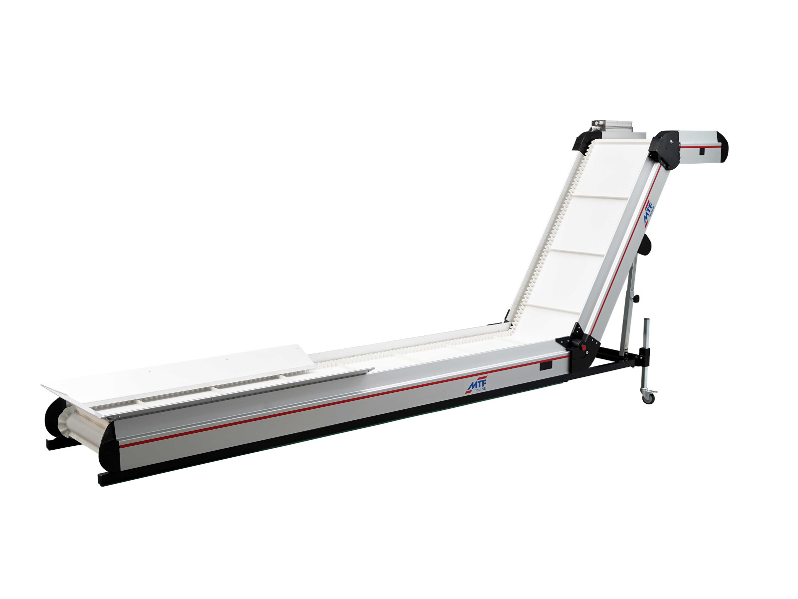 ZL-HF 310 Special angle conveyor with white cleated belt with corrugated edges and mobile base frame