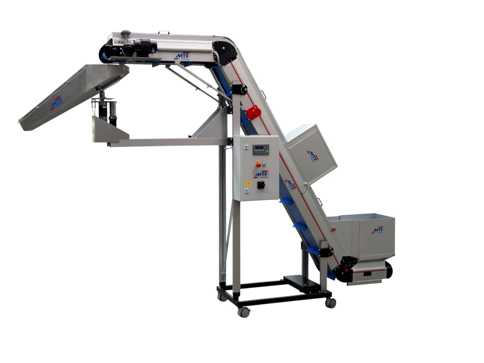 Winkelförderer ZL-LD 120 mit Multi-Rounder Drehverteiler, blauem Stollengurt und fahrbarem Untergestell