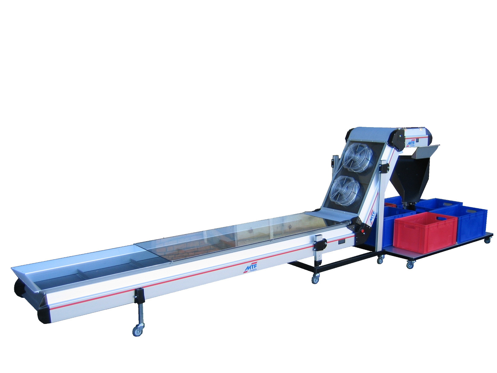 ZL-LD 120 angle conveyor with fans, Multi-Rounder rotary distributor, grey cleated belt and mobile base frame