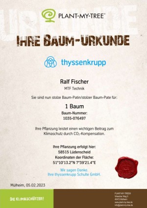 MTF Technik - Award for environmental protection from supplier Thyssen Krupp